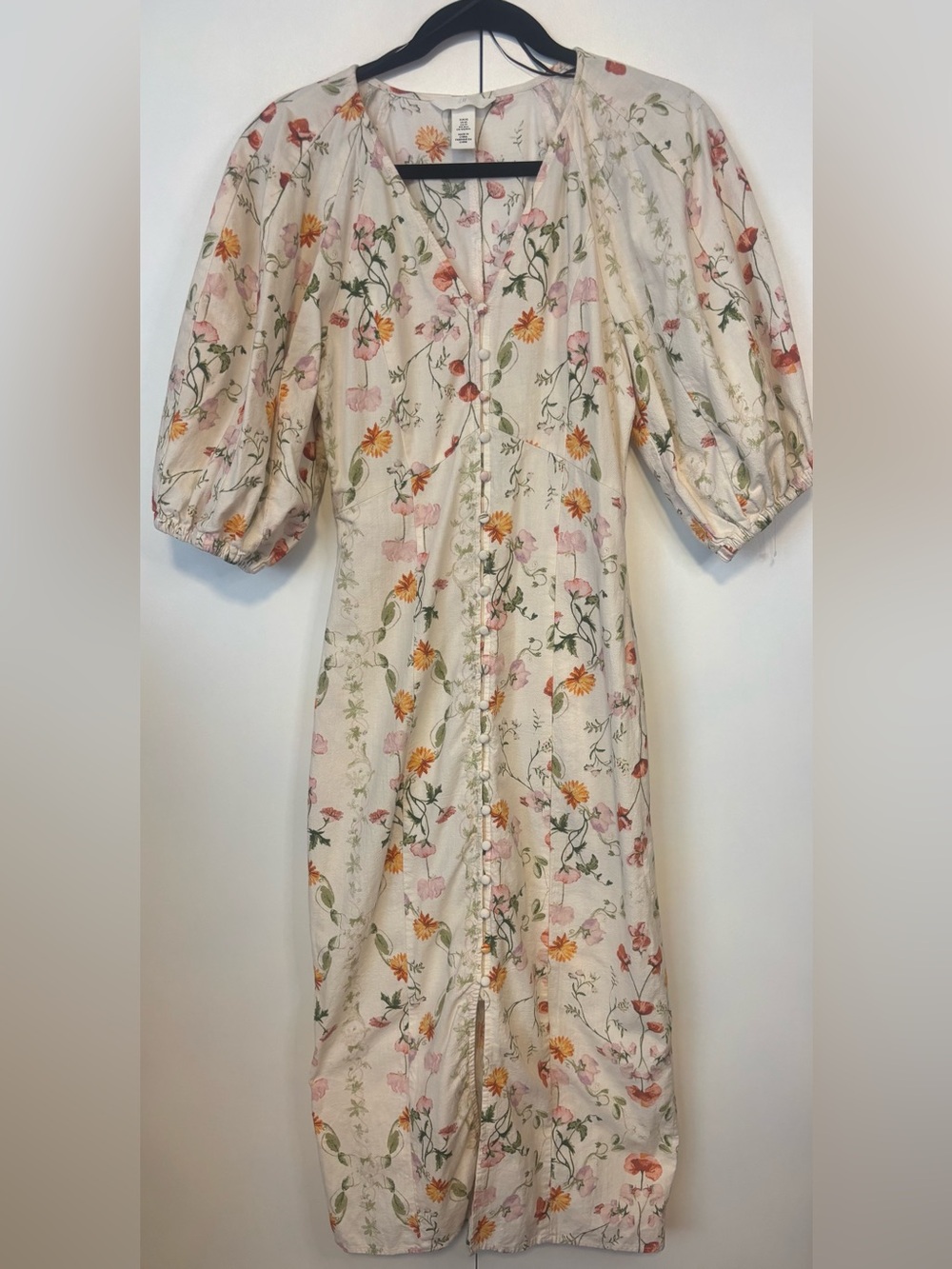H&M Cream Floral Midi Dress with Pink and Orange Blooms